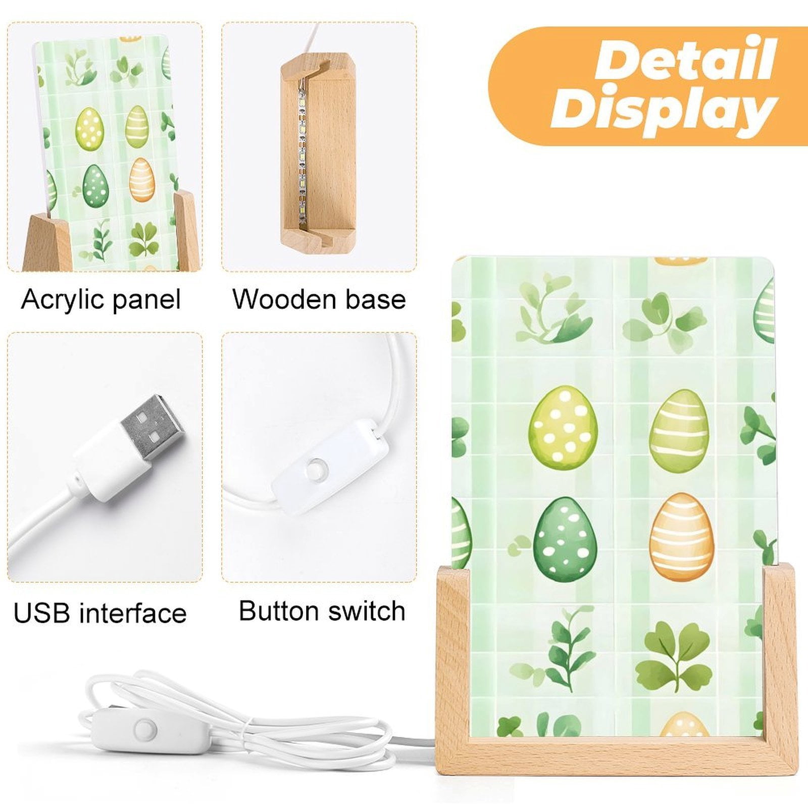 Acrylic Night Light Colorful Inclined Plug Base Simple To Install And Durable Not Easy Oxidation Rust Color Easter Day Easter Eggs Leaves Watercolor Eggs 6.1x4in