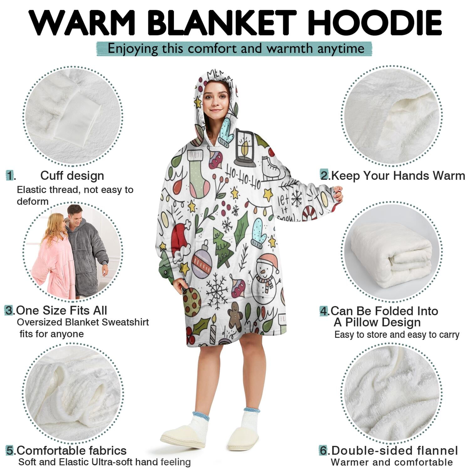 Wearable Oversized Blanket,Multicolor Christmas Pattern Wearable Blanket Hoodie for Adults,Cozy Hooded Blankets with Super Pockets,Super Warm Fuzzy Pullover for Women & Men