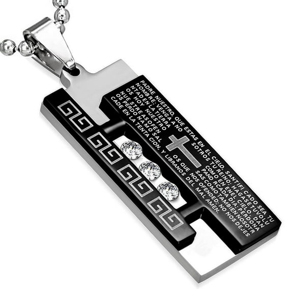 My Daily Styles Stainless Steel Black Silver-Tone Padre Nuestro Prayer Spanish Religious Cross Pendant Necklace, 24"