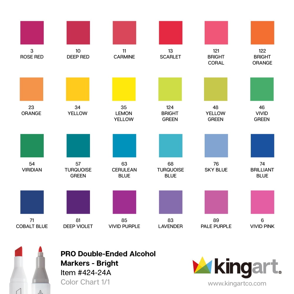 KINGART&reg; PRO Double-Ended Art Alcohol Markers, 24 Bright Palette Colors with Both Fine & Chisel Tips and Superior Blendability