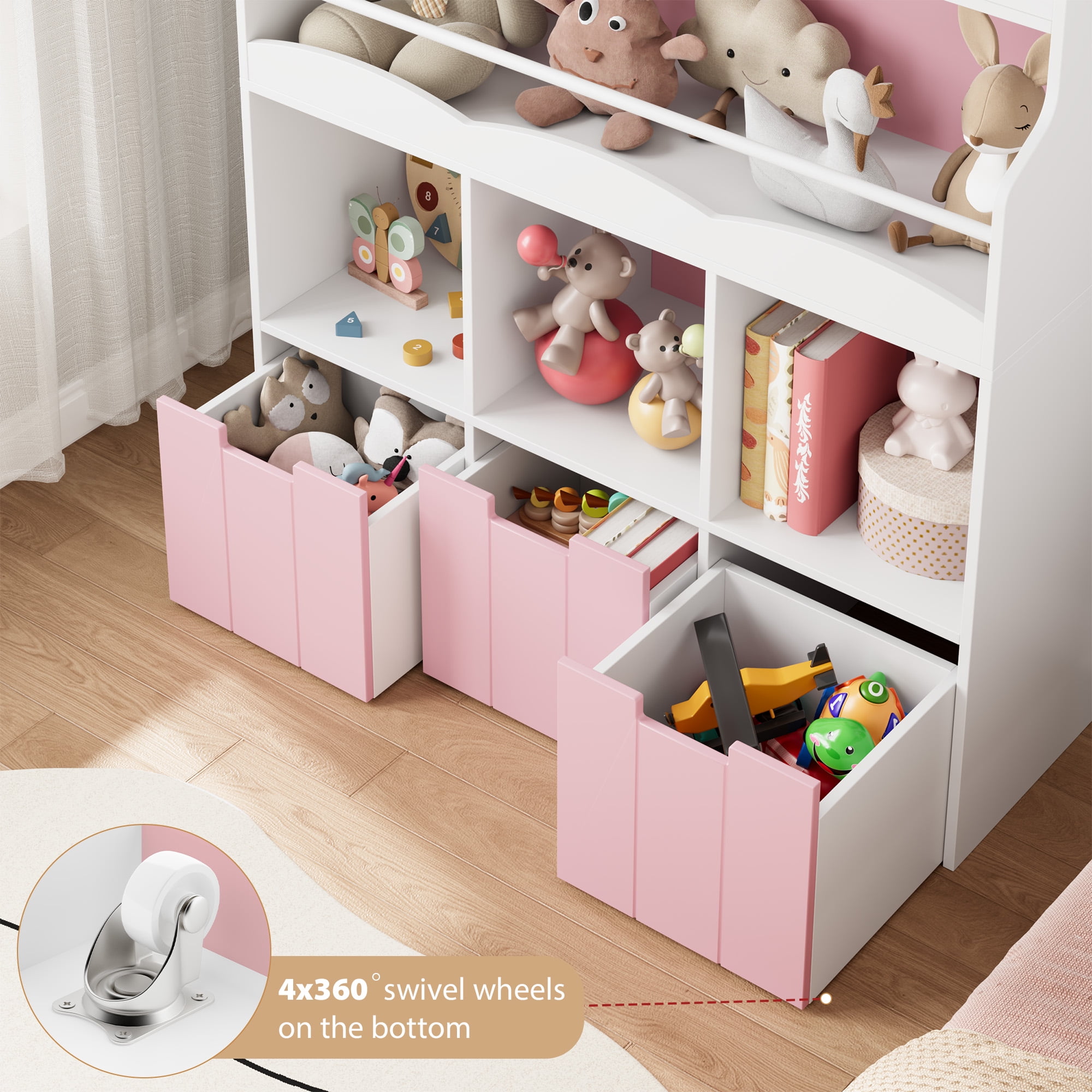 Homfa 55.5” H Kids Bookshelf with 2-Tier Book Shelves, Children Toy Organizer with 3 Cubes and Removable Drawers, Pink & White