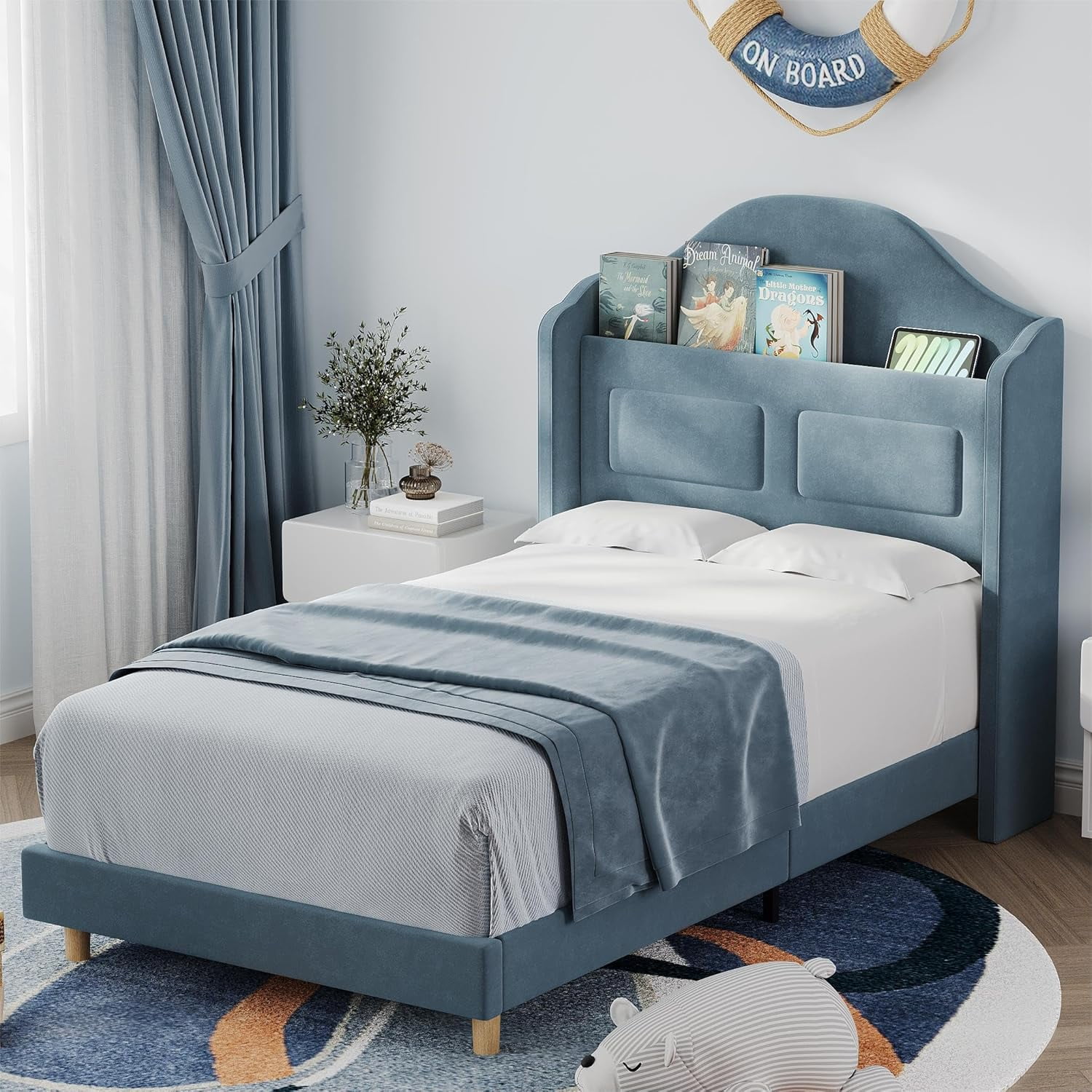 EliteEdge Upholstered Twin Bed Frame with LED Lights, Velvet Platform Bed with Wingback Storage Headboard, Wood Slat Support, No Box Spring Needed, Easy Assembly, Blue