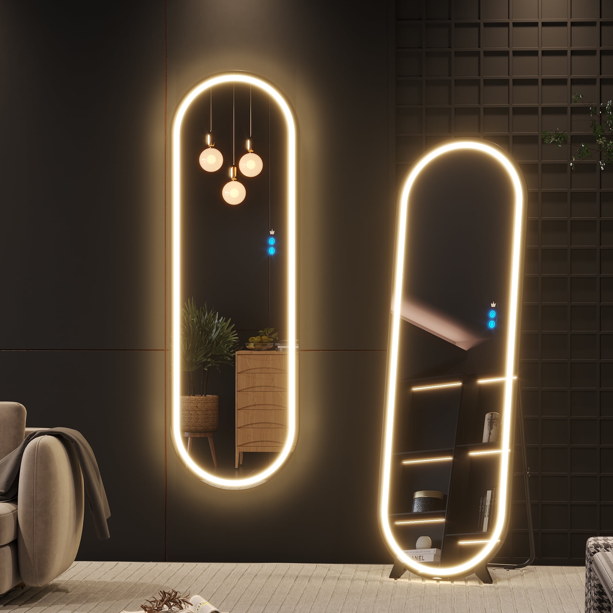 Vlsrka 63"x20" Full Length Mirror with Lights, LED Oval Mirror Full Length, Arched Free Standing