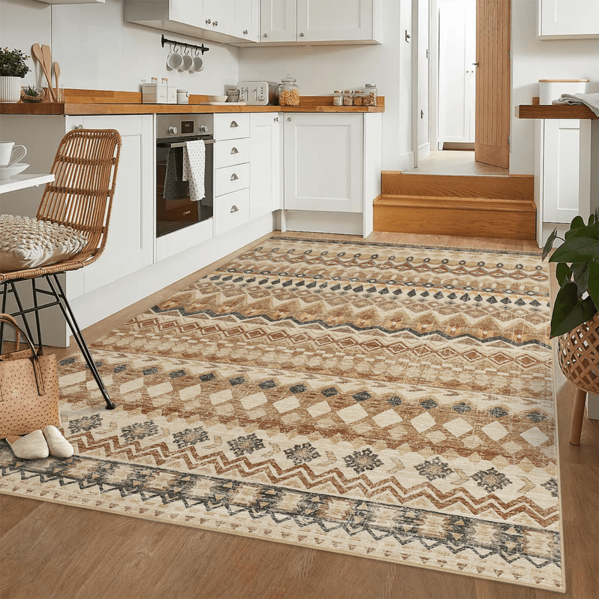HOMERRY Floral Print Non Slip Area Rug 9' x 12' for Living Room Washable Indoor Carpet, Beige/Yellow