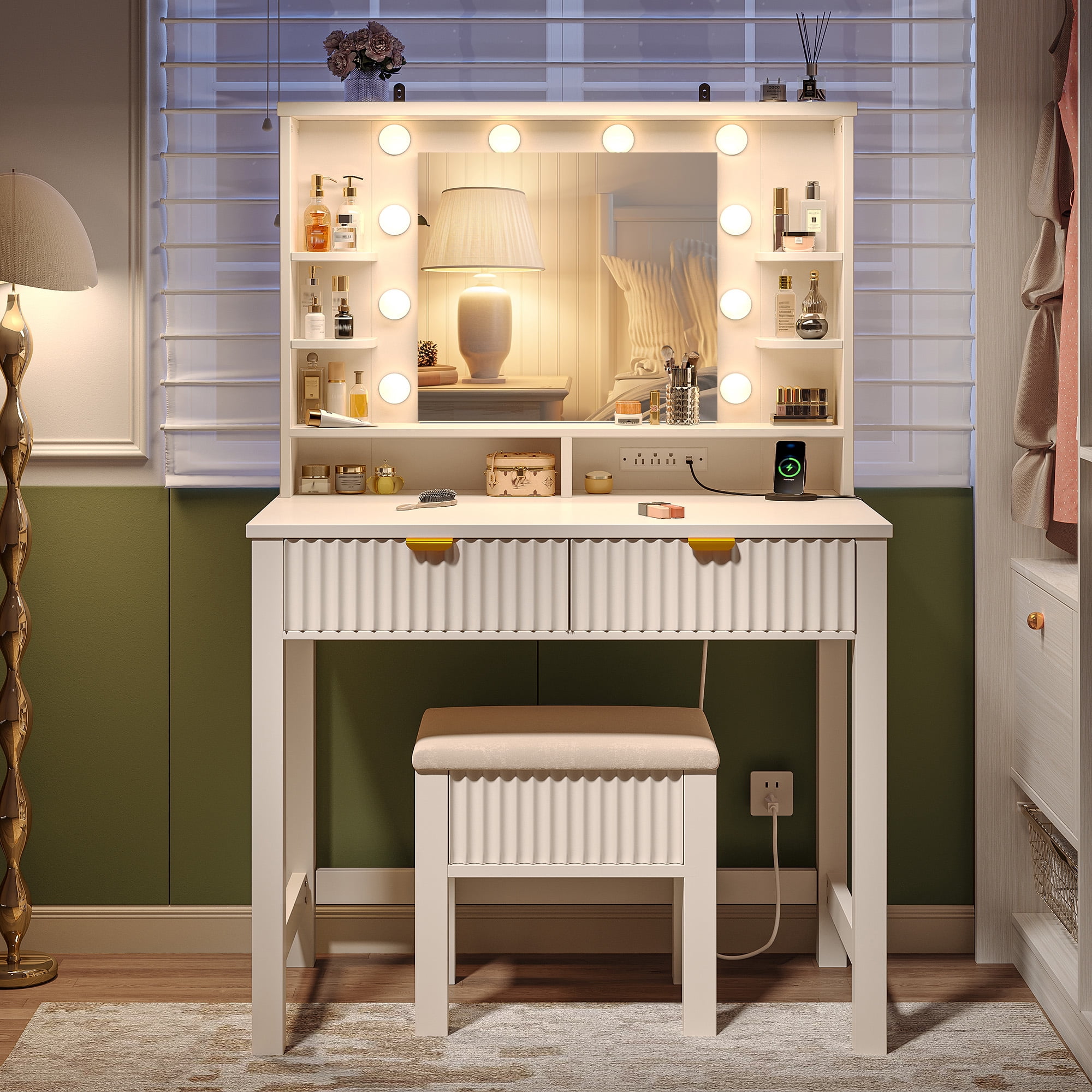 Vanity Desk with Storage Stool Fluted Dressing Table with Mirror and 3-Color Lights Vanity with 2 Large Drawers & Charging Station, White