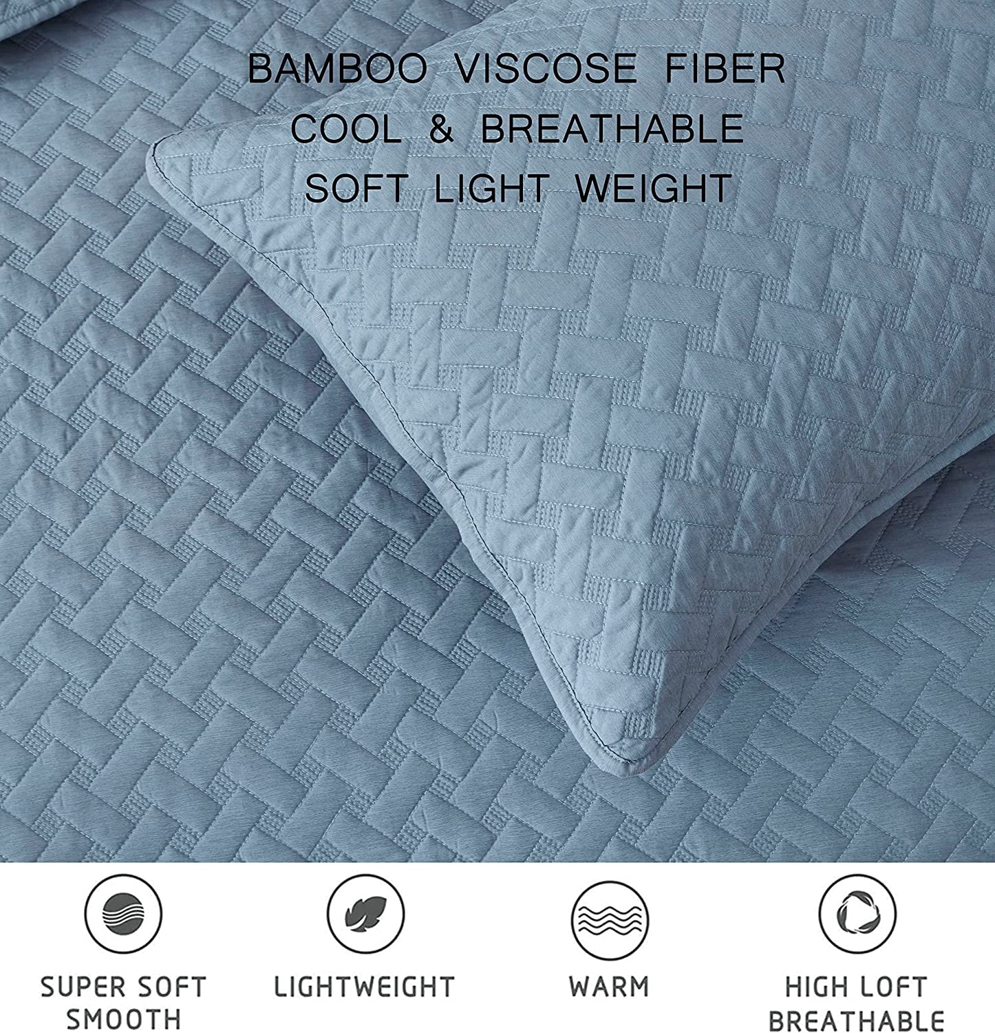Chezmoi Collection Randall 3-Piece Soft Cooling Bamboo Fiber Quilt Bedspread Basketweave Quilted Coverlet Set (King, Blue)
