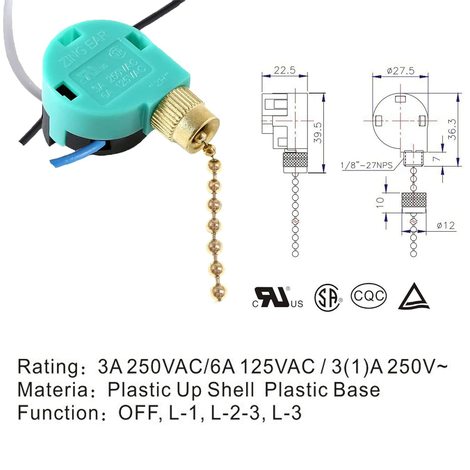 TWDRTDD Ceiling Fan Switch Zing Ear ZE-208S6,3 Speed 4 Wire Pull