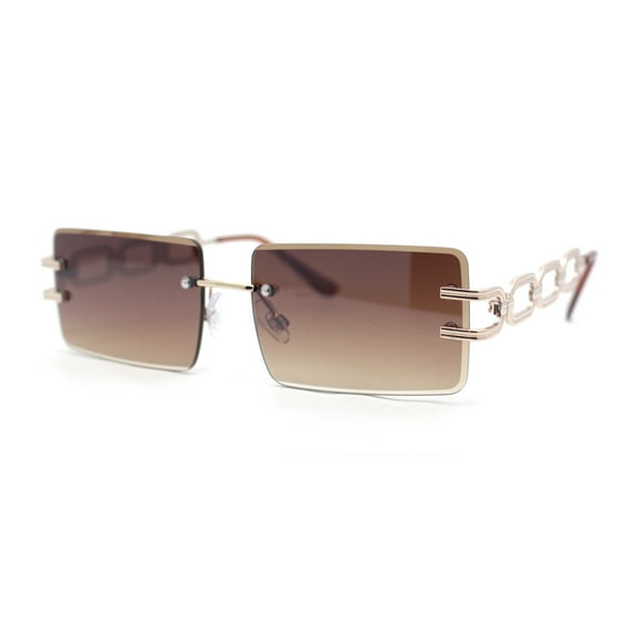 Luxury Jewel Large Chain Link Arm Rimless Rectangle Designer Sunglasses Gold - Brown