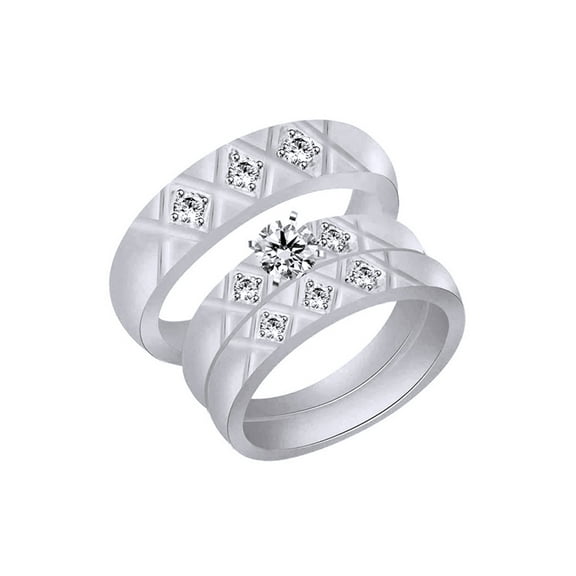 AFFY White Natural Diamond Engagement & Wedding Trio Bridal Ring Set In 10k White Gold (0.13 Cttw)