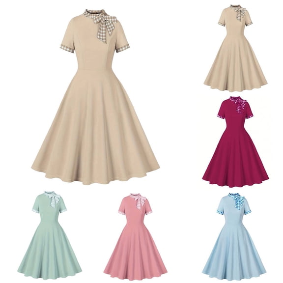 Aboser Cocktail Dresses for Women 1950s Retro Dress Elegant Bow Tie Midi Dresses Classy Short Sleeve Party Dress Flowy A Line Swing Dresses
