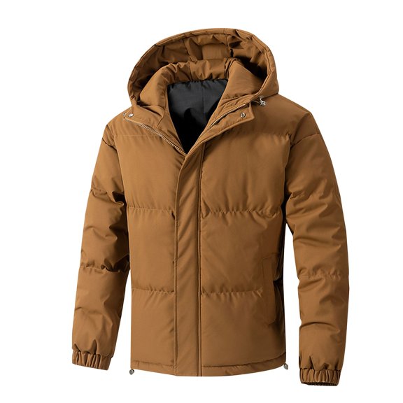 IYTR Men's Winter Warm Puffer Jacket Full Zip Up Long Sleeve Hooded Thick Down Coat Solid Color Outerwear with Pockets Brown L