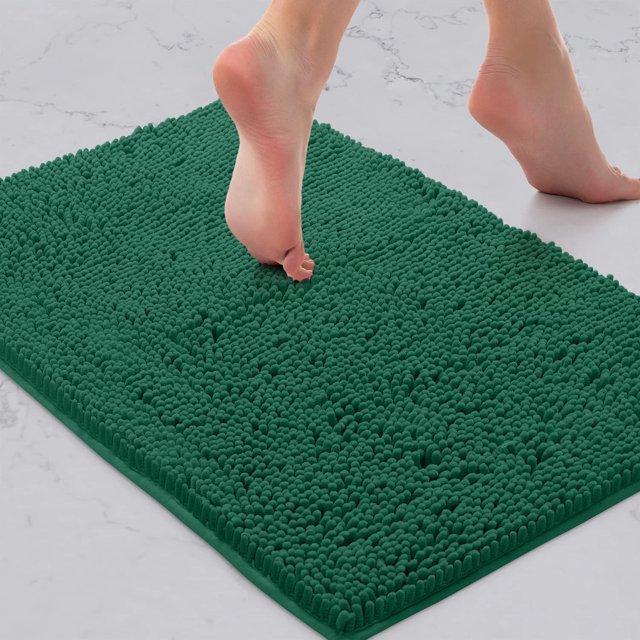 Green Bathroom Rug, Extra-Soft Plush Bath Shower Bath Mat, Chenille Microfiber Material, Super Absorbent Shaggy Bath Rug. Machine Wash & Dry (15 x 23, Kelly Green)