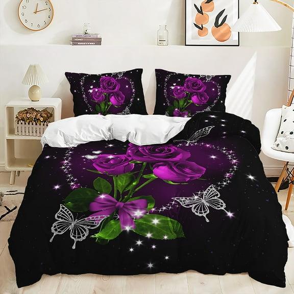 YJHDM Couple Women's Bedding Set 3D Printed Rose Duvet Cover Pillowcase 2/3pcs Romantic Theme Cover