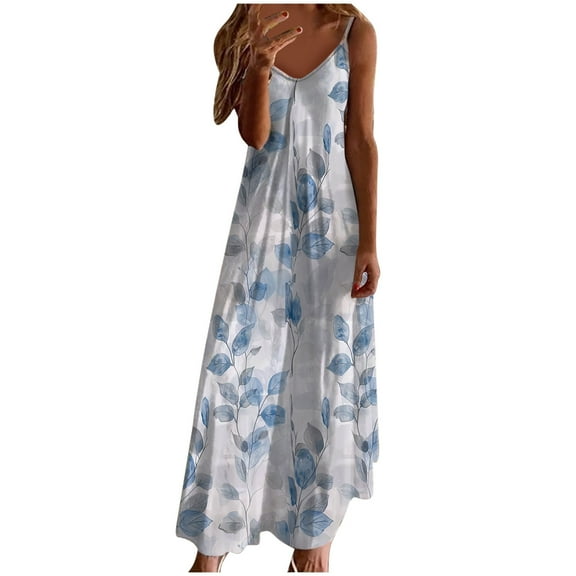 Ruimatai Women's Summer Crew Neck Sleeveless Dress Casual Flowy Long Dress with Floral Print Lightweight Comfortable Beach Vacation Sundress