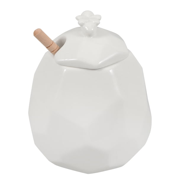 ColoMX Juego de tarros de miel de cerámica, bote de almacenamiento de miel, mermelada de maní, tarro de miel con cucharón de madera, 1 Juego