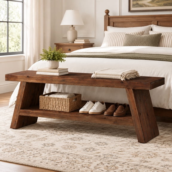 Fnova 2-Tier Solid Wood Entryway Bench, Farmhouse Shoe Bench for Hallway, Entry, Living Room, Bedroom, Brown