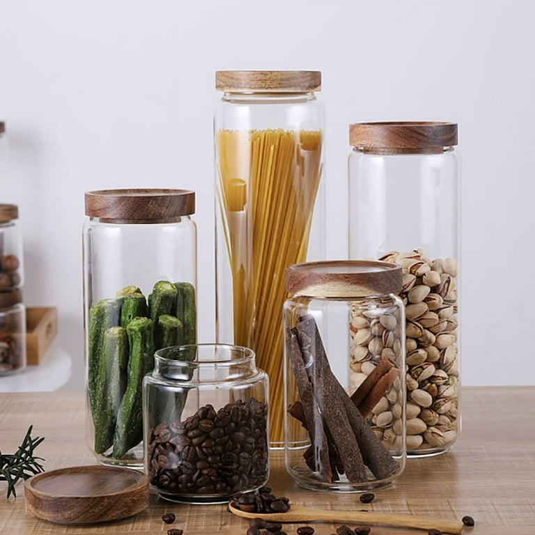 Wood Lid Glass Airtight Canister Kitchen Storage Bottles Jar Sealed Food  Container Tea Coffee Beans Grains