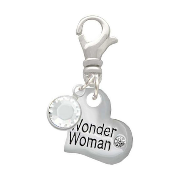 Delight Jewelry Silvertone Small Wonder Woman Heart - Silvertone Clip on Charm with Clear Crystal Drop
