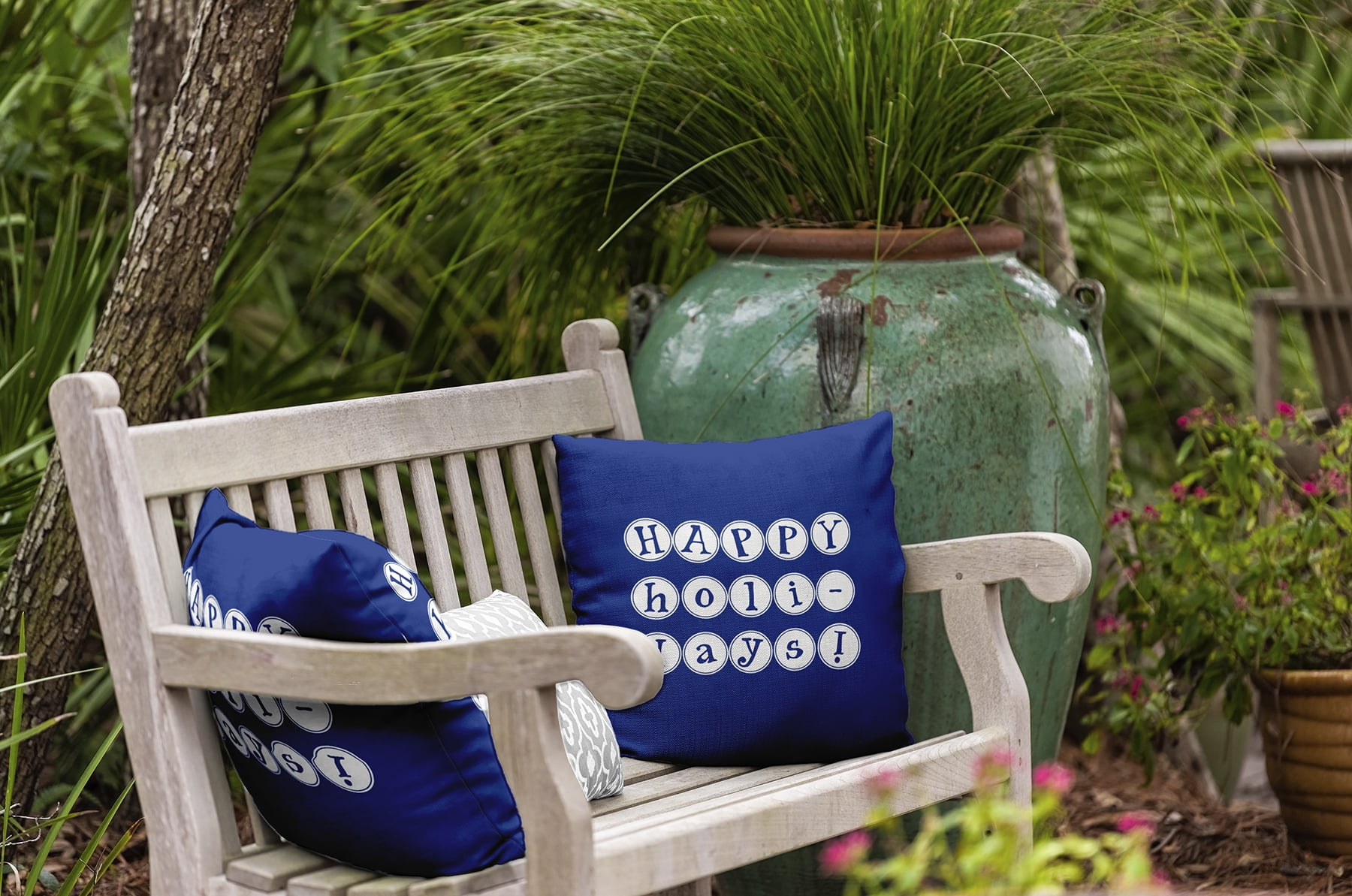 Simply Daisy 16" x 16" Happy Holidays Polyester Indoor/Outdoor Pillow, Royal (1 count)