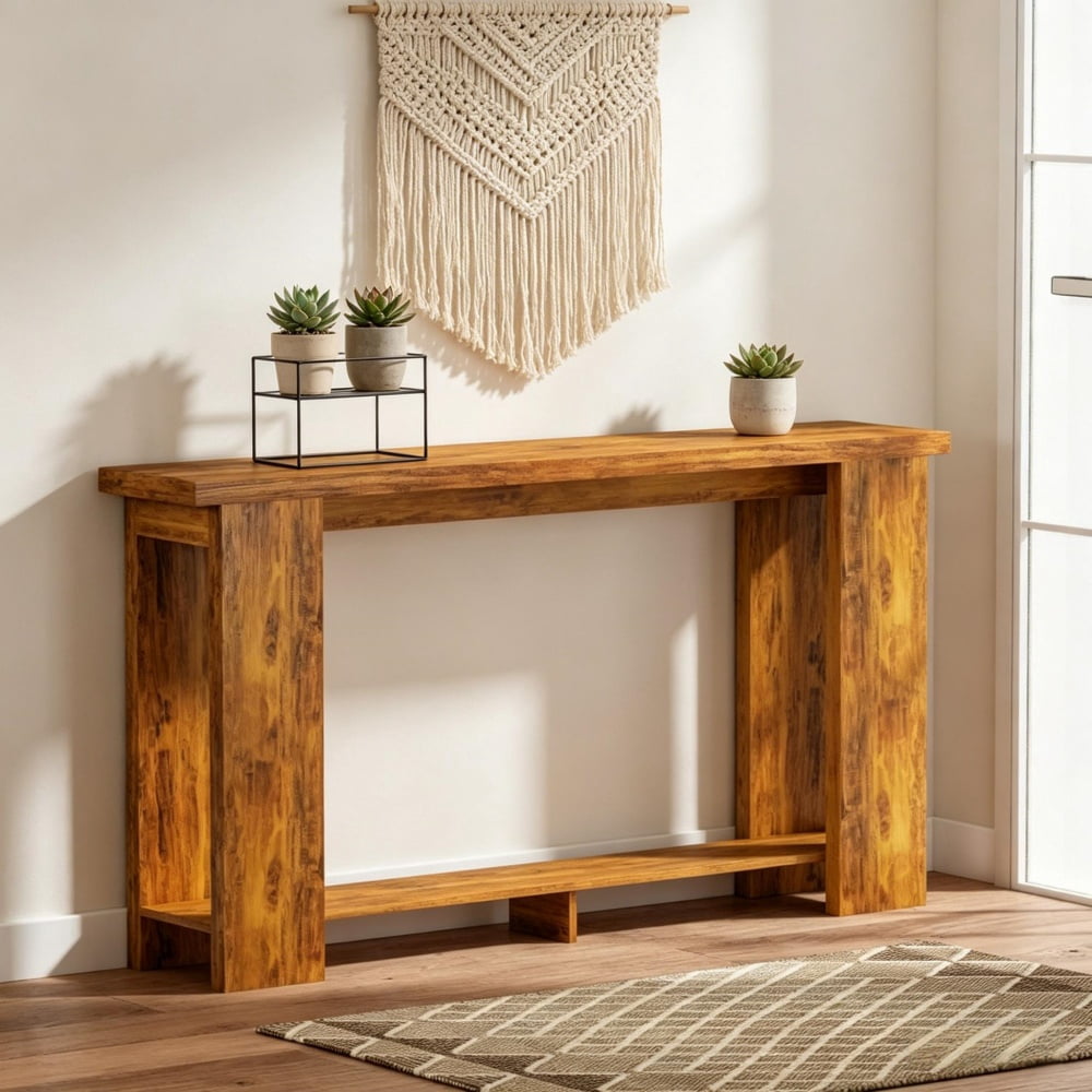 Distressed Brown Console Table, 63" Long Narrow Sofa Table with Open Shelf, Anti-Tip Strap, Heavy-Duty MDF Tabletop for Small Spaces (Living Room/Hallway)