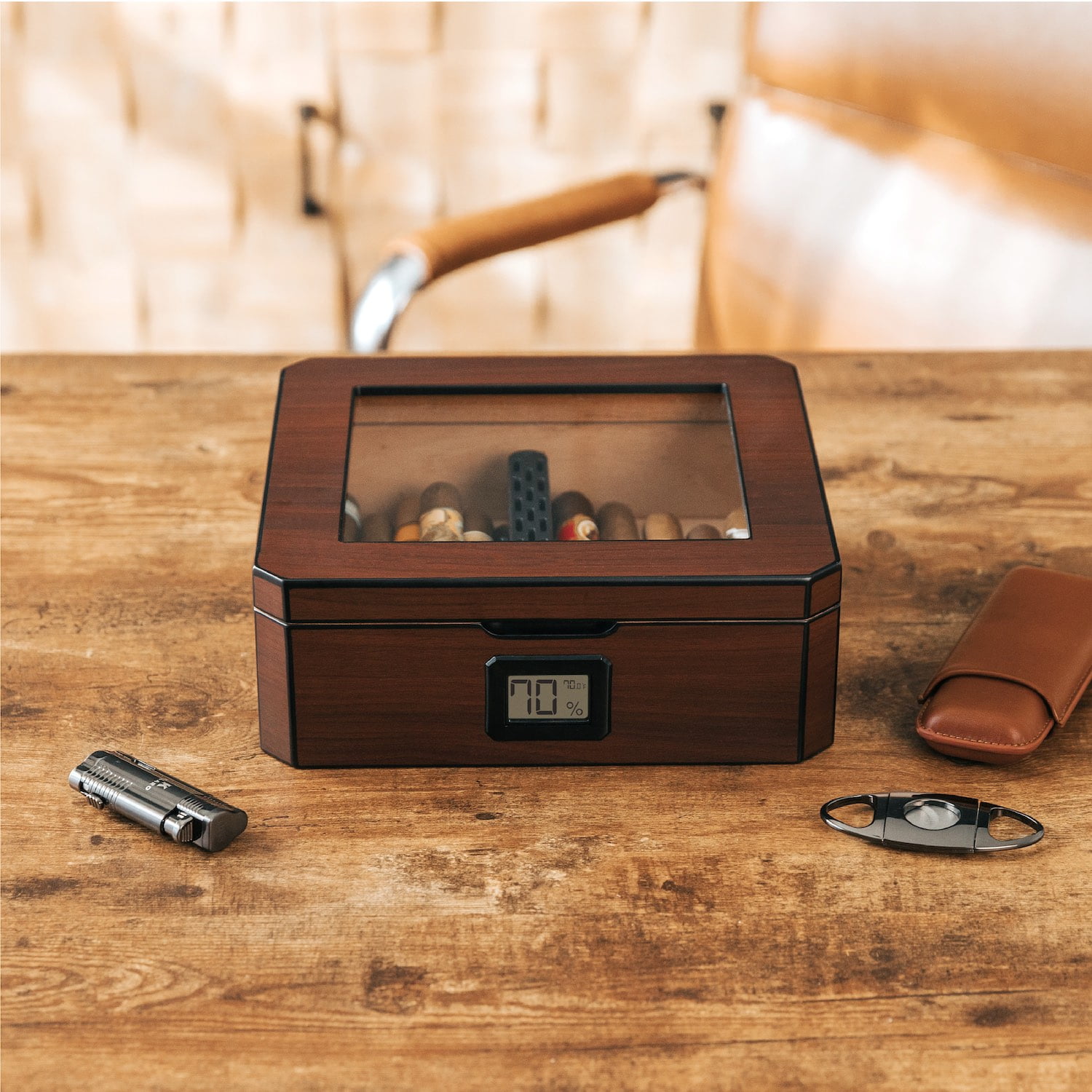 Mag Desktop Humidor, Walnut Finish, Spanish Cedar, Holds 20-30 Cigars, Glass Top by Case Elegance