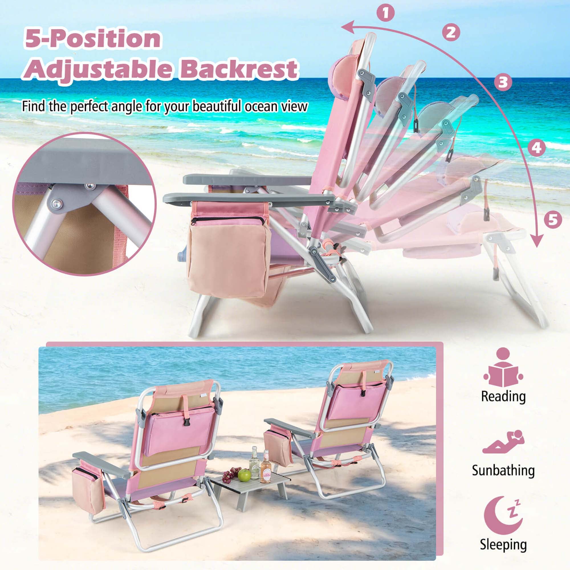 Costway 2 Pack Folding Backpack Beach Chair 5 Position Outdoor