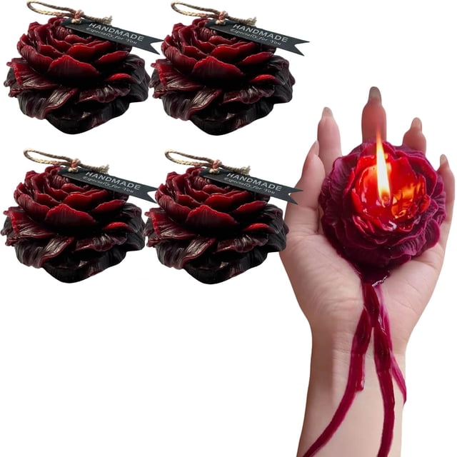 velas seguras para el cuerpo a baja temperatura | 4 velas perfumadas con rosa roja para adultos | 48 °c, cera segura para usar con caja de regalo — Cuatro velas talladas en forma de rosa roja multicolor agrupadas; pétalos en capas y etiqueta 'HANDMADE' con cordel; mano sosteniendo una vela encendida con cera derretida goteando en hilos largos, aptas para decoración o regalo.
