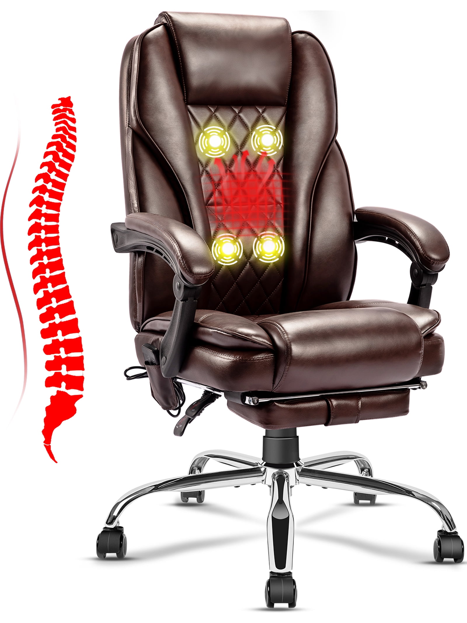 NOBLEMOOD 4 Points Massage Heated Office Chair w/ Foot Rest, Brown