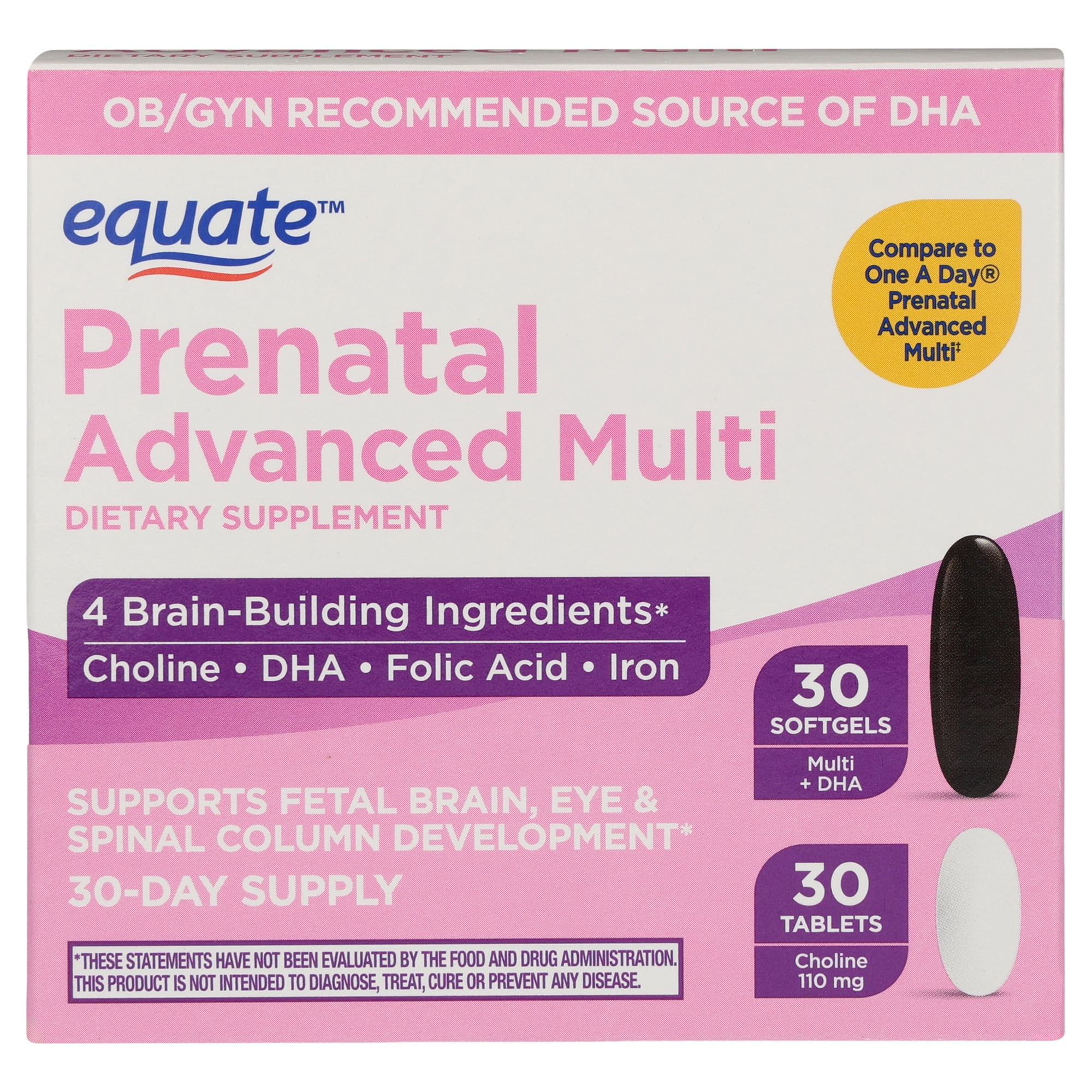 Equate Prenatal Advanced Multivitamin Dietary Supplement Tablets and Softgels, 60 Count