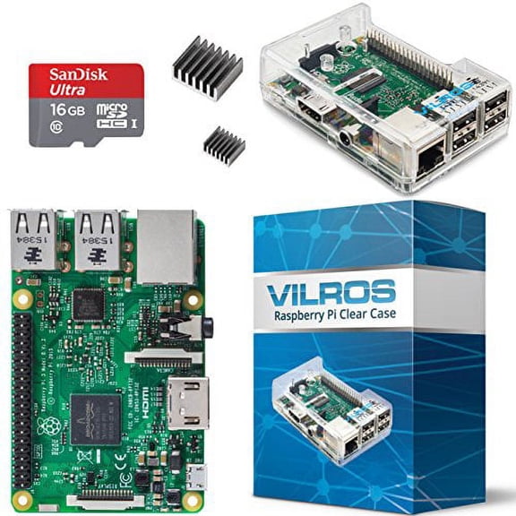 Raspberry Pi 3 Barebones Kit - Includes Raspberry PI 3 - Sandisk 16GB Micro SD Card - Clear Case - Heatsink
