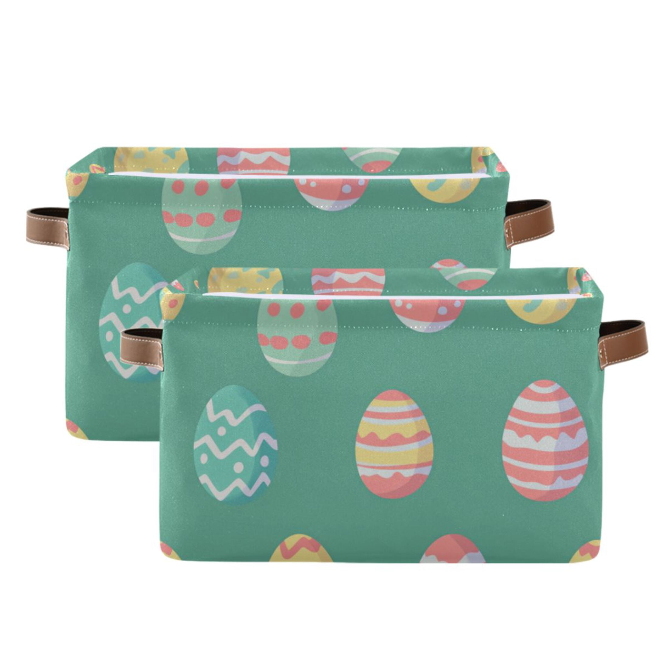 WOBOGO A Pattern Of Colorful Easter Eggs Square Storage Basket with Waterproof Canvas and PE Lining Durable PU Leather Handles 14.2×10.2×8.3in