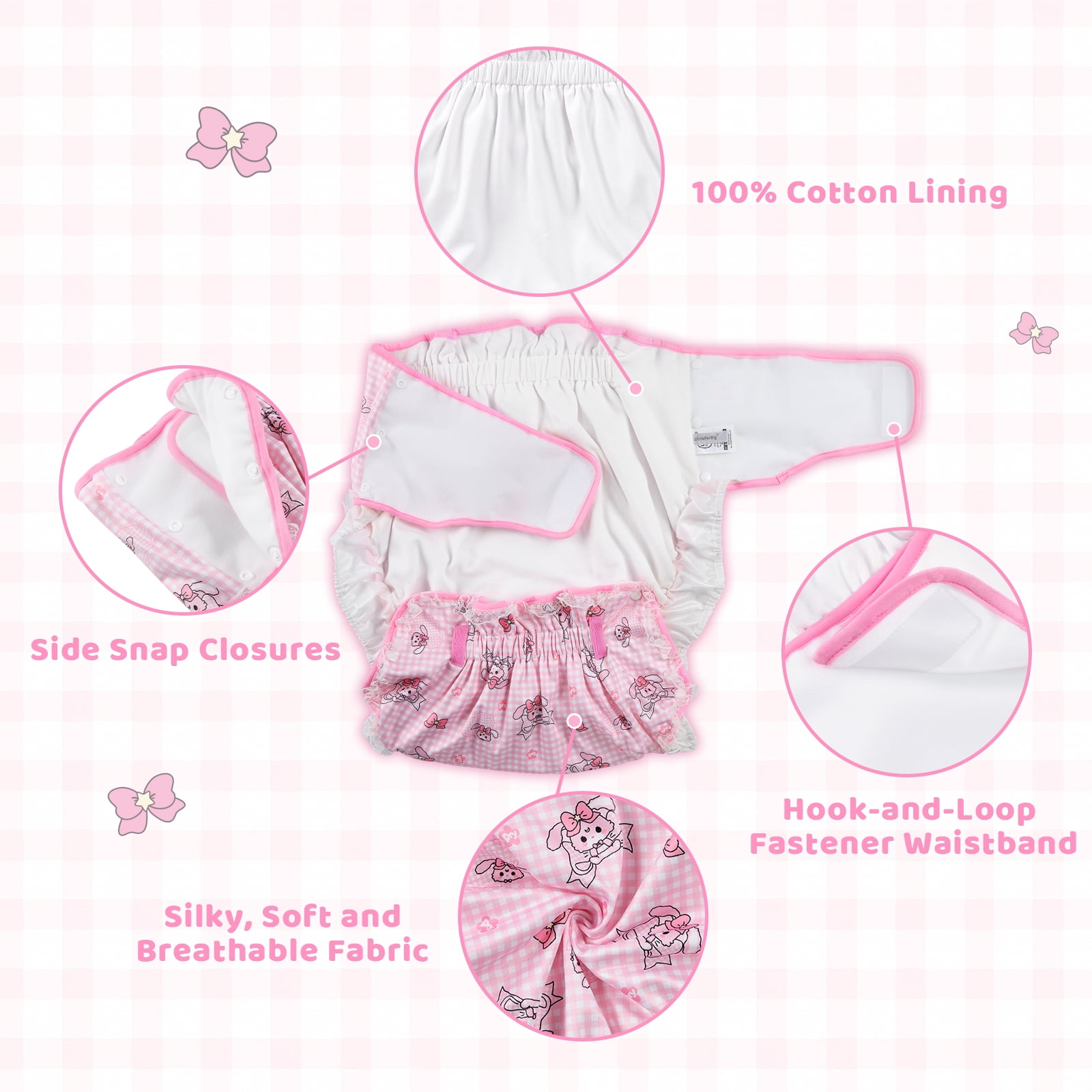 Littleforbig Silky Adult Ribbon Diaper Wrap Cover Washable Adjustable Reusable Waterproof - Bunnies & Bows Usagi L