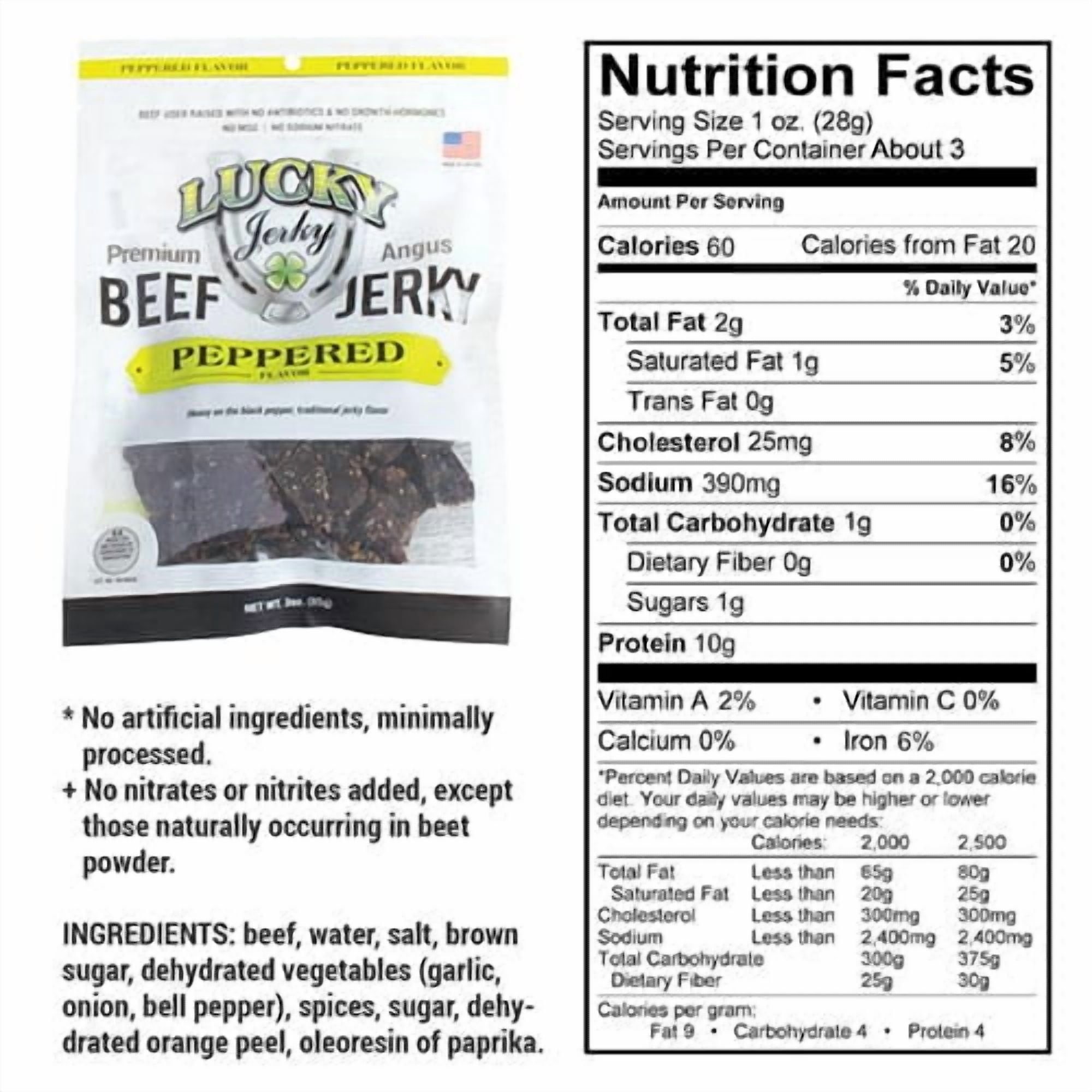 Lucky Beef Jerky 3oz Peppered Slab - 4 Pack - High Protein Snack