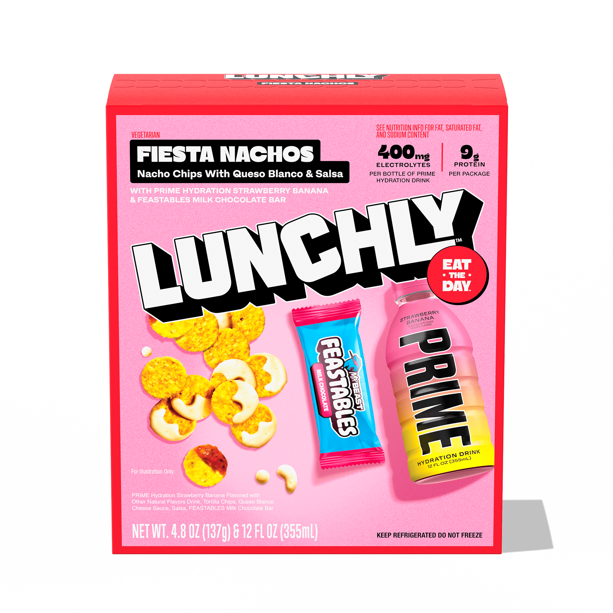 LUNCHLY Meal Kit, Fiesta Nachos with Feastables Chocolate and Prime Hydration, 9g Protein, Refrigerated, 1 Meal Kit