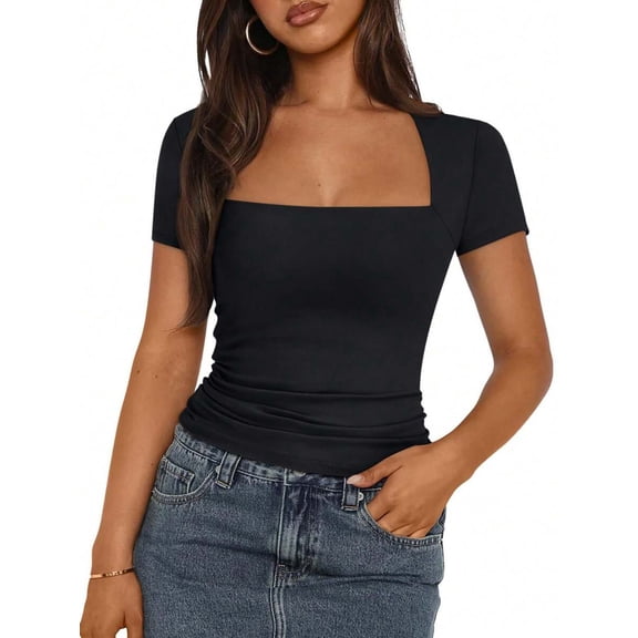 Black Square Neck Short Sleeve Slim Fit T-Shirt for Women