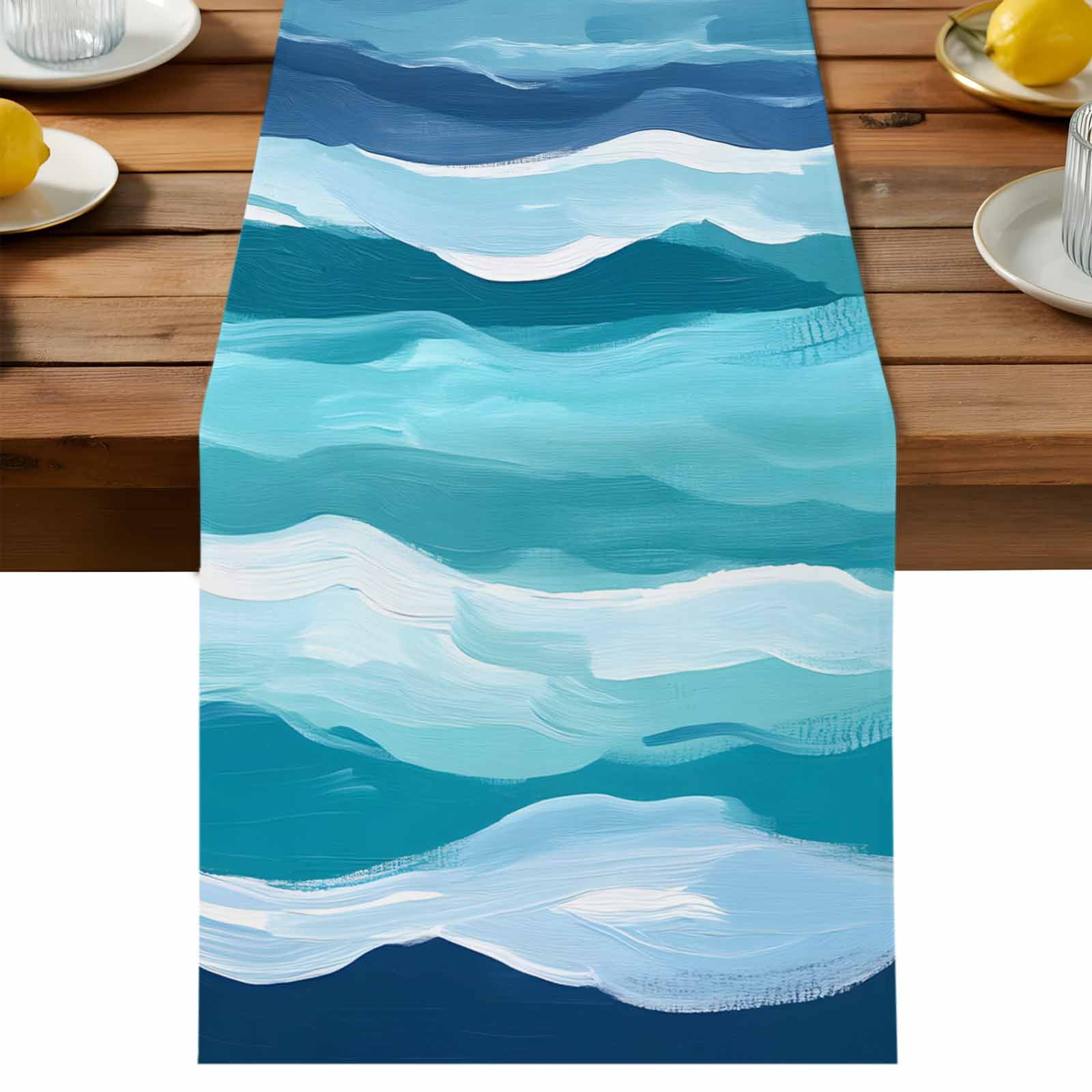 Summer Navy Blue Water Ripple Table Runner 90 Inches Long, Watercolor Gradient Ombre Table Runners Tabletop Scarf Kitchen Dining Tables Decoration for Home Party Indoor Outdoor