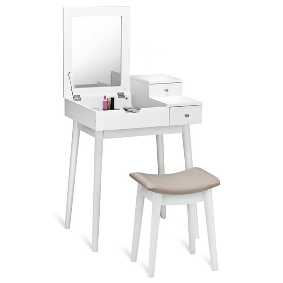 Topbuy Vanity 2 Drawers Dressing Table Set Flip-type Desktop with Mirror Stool White