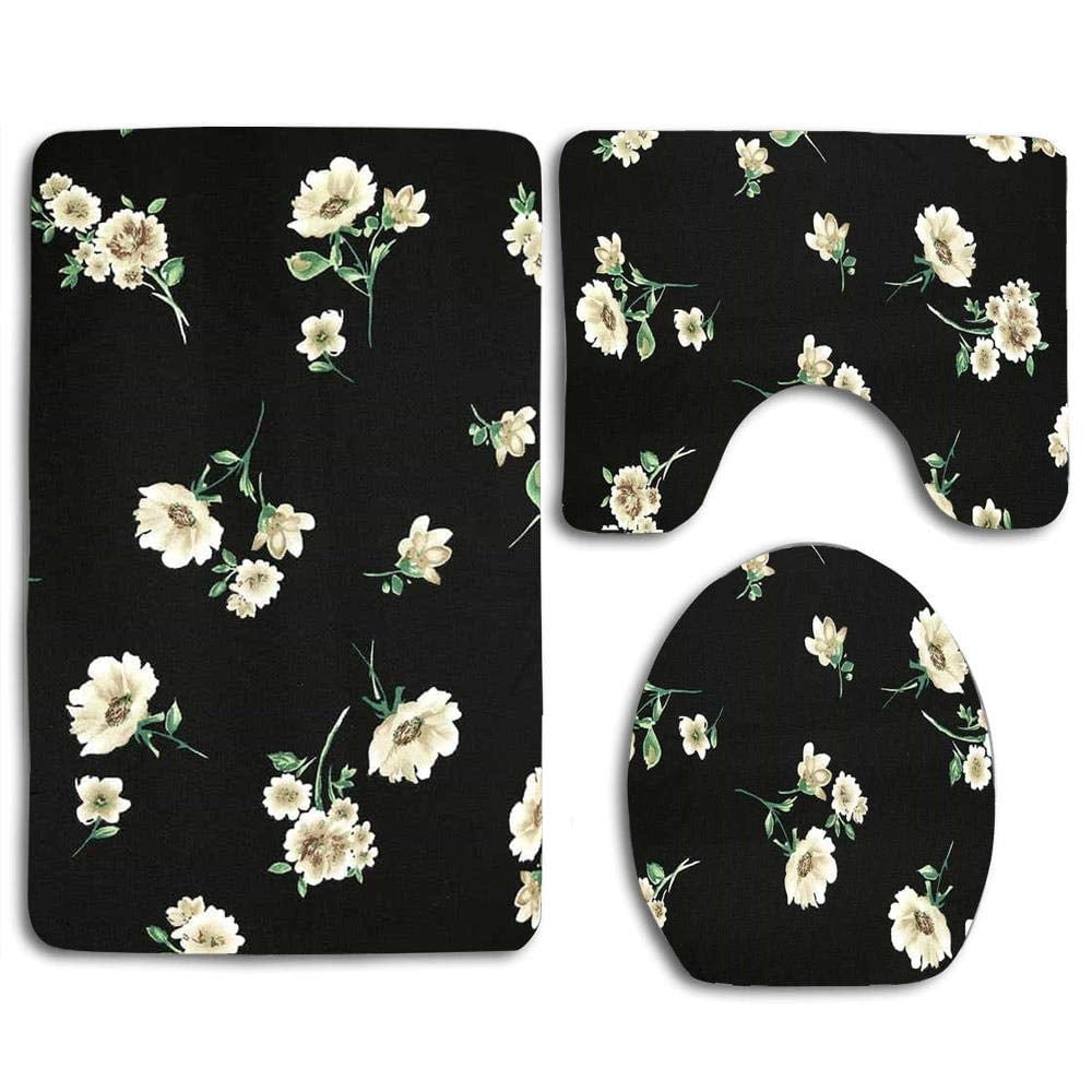 PUDMAD Lovely Black Flowers 3 Piece Bathroom Rugs Set Bath Rug Contour ...