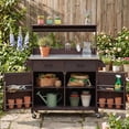 thumbnail image 3 of 54.1" Outdoor Kitchen Island with High Shelf, Large Outdoor Potting Bench Table with Stainless Steel Top and Storage Cabinet, Solid Wood Grill Cart With Lockable Wheels for BBQ, Garden, Brown, 3 of 23