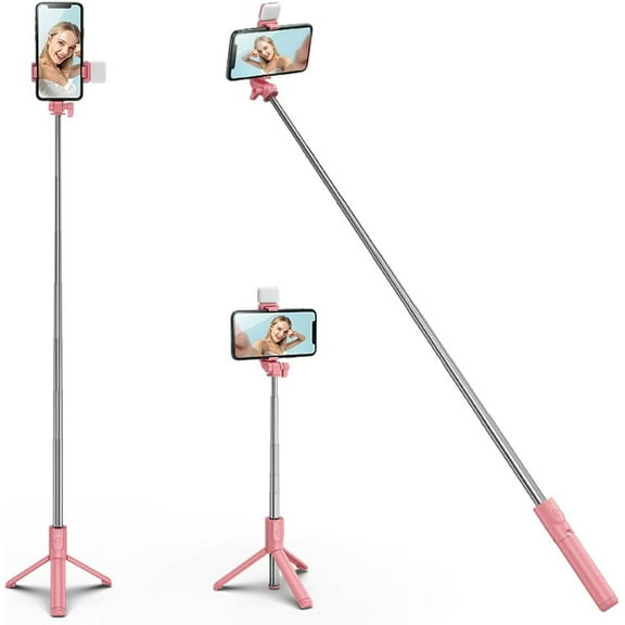 KOMI Selfie Stick Tripod with Fill Light, Extendable Selfie Stick Tripod with Wireless Remote and Tripod Stand Group Selfies, Live Streaming, Video Recording Compatible with All Cellphones, Pink