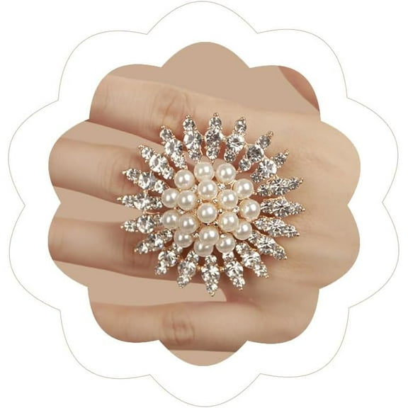 Boho Vintage Big Flower Crystal Pearl Ring Floral Statement Rings Adjustable Shiny Rhinestone Engagement Ring Prom Party Cocktail Jewelry for Women