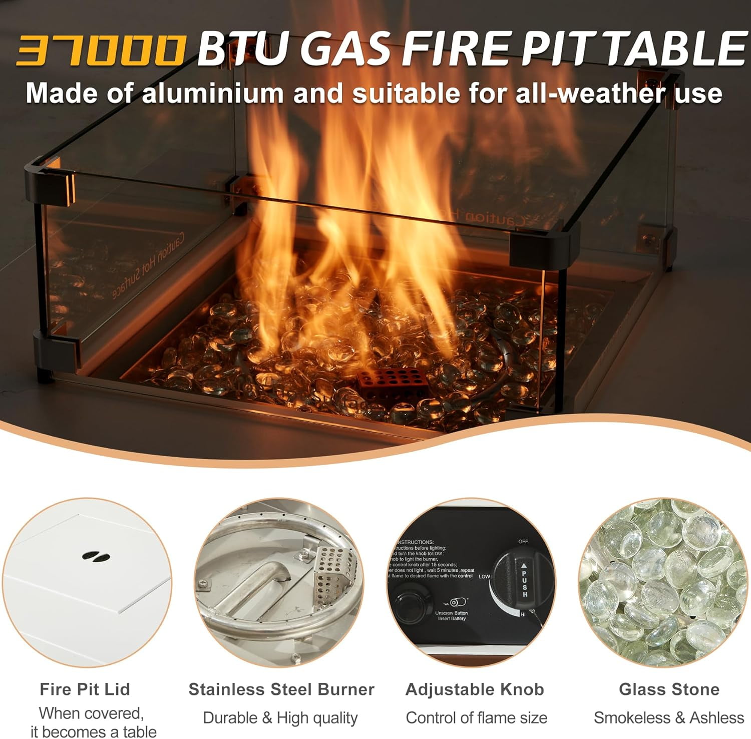 JXXM 22" Outdoor Aluminum Gas Fire Pit Table, 37,000 BTU, with Lid, Glass Wind Guard, Fire Glass, and Waterproof Cover, CSA Certified–White