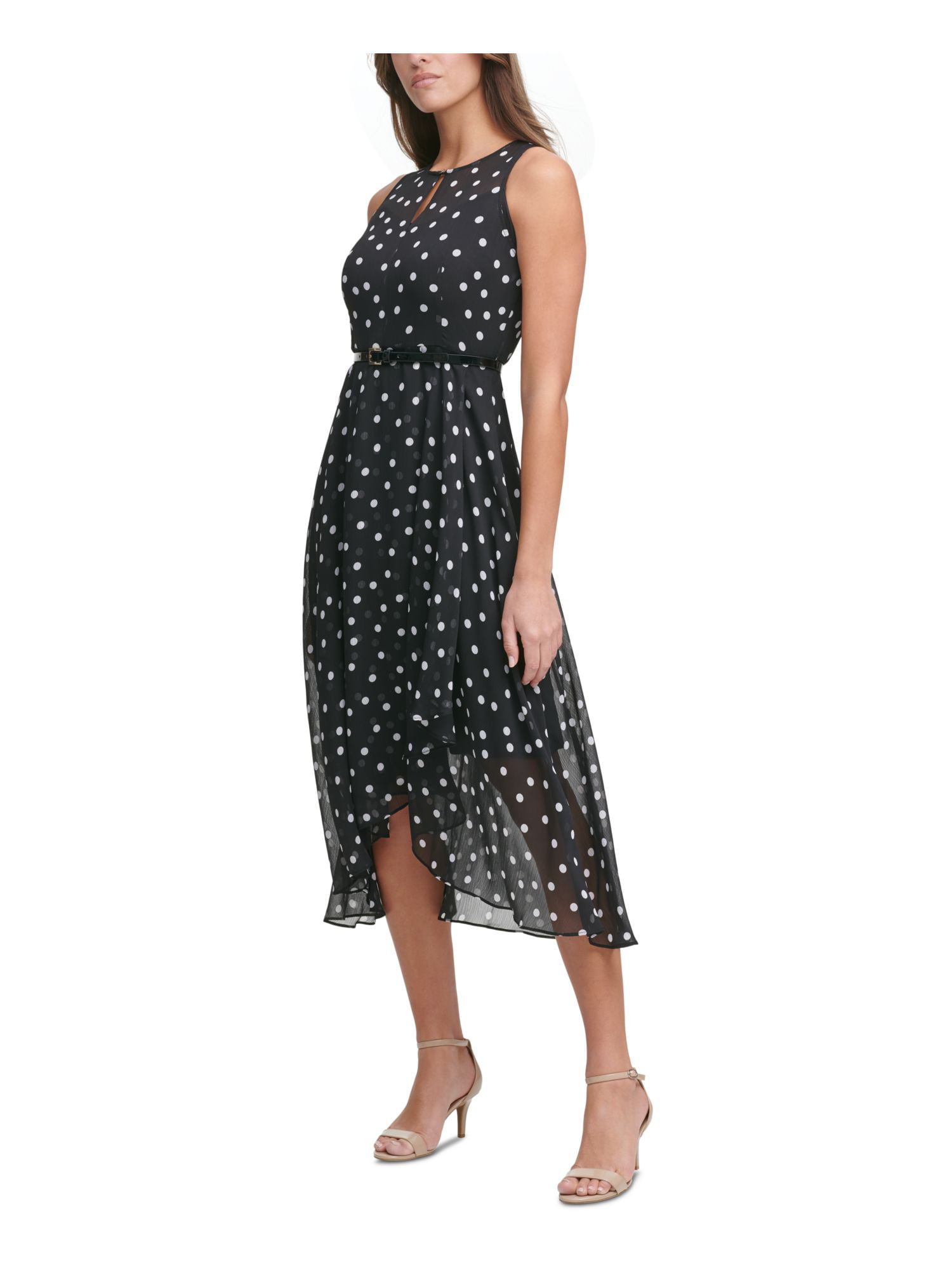 TOMMY HILFIGER Womens Black Zippered Cut Out Crossover Hi-lo Hem Sheer  Lined Polka Dot Sleeveless Round Neck Midi Party Fit + Flare Dress 12