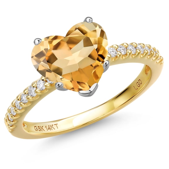 Gem Stone King 14K Two Tone Gold Yellow Citrine and Lab Grown Diamond Engagement Ring for Women | 3.41 Cttw | Heart Shape 10MM | Gemstone November Birthstone | Size 6