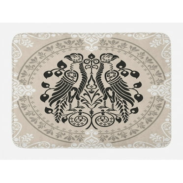 Vintage Bath Mat, Ethnic Heraldic Eagle Birds with Damask Floral Figures Victorian Retro Design, Non-Slip Plush Mat Bathroom Kitchen Laundry Room Decor, 29.5 X 17.5 Inches, Tan Black White, Ambesonne