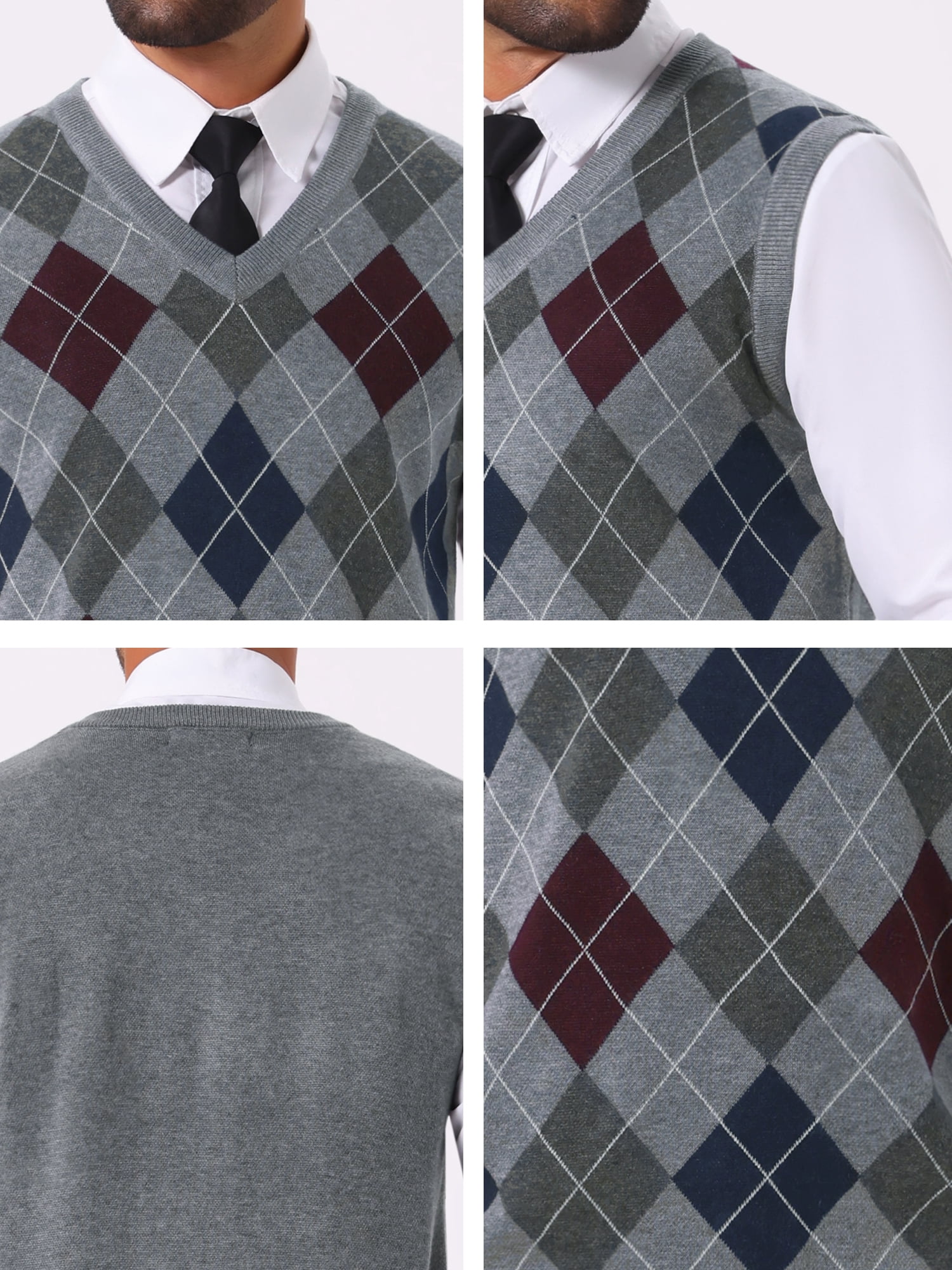 DARING DIVA Men's Casual Knit Sleeveless V-Neck Plaid Argyle Sweater Vest M Light Gray