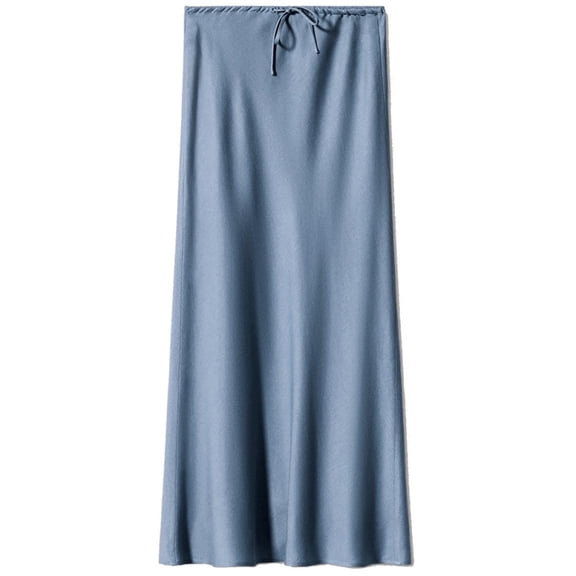 LYMAYTER Women Maxi Skirts Summer Satin Silk High Waist Drawstring Ruffle A-Line Maxi for Skirt S-XL