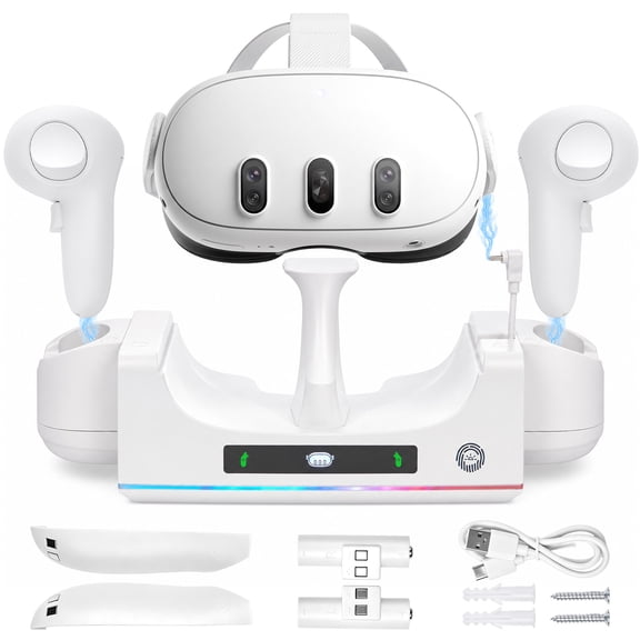 VR Charging Dock for Meta Quest 3/3S, RGB LED Charging Station, Headset & Controller Charge Stand, 2 Rechargeable Batteries, Wall-Mount or Desktop, White