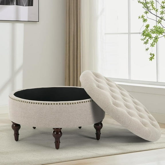 31.5" Large Round Storage Ottoman, Upholstered Tufted Linen Ottoman Coffee Table, Large Footrest with Solid Wooden Legs and Nailheads, Side Table for Living Room Bedroom Office, Light Brown
