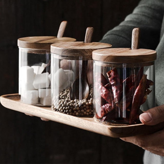 Botella de condimentos Caja de especias con organizador de cucharas Tarro de condimentos para sal de azúcar Tapa de madera A Baoblaze Frascos de especias